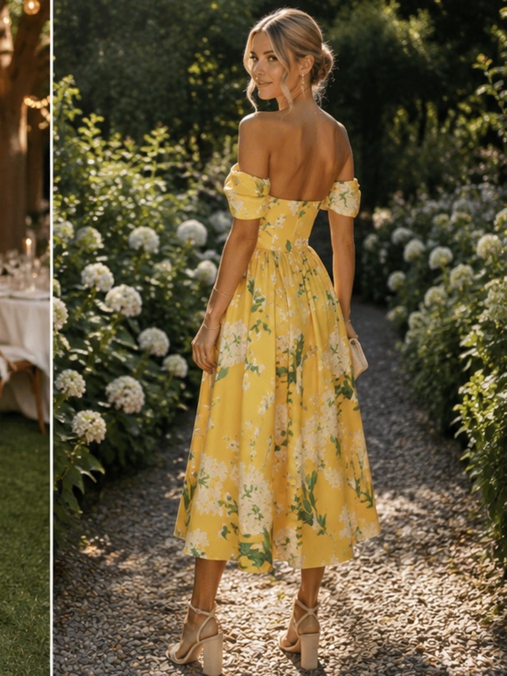 Sunny Yellow Off-Shoulder Floral Midi Dress، rare to find it - Picture 7 of 16